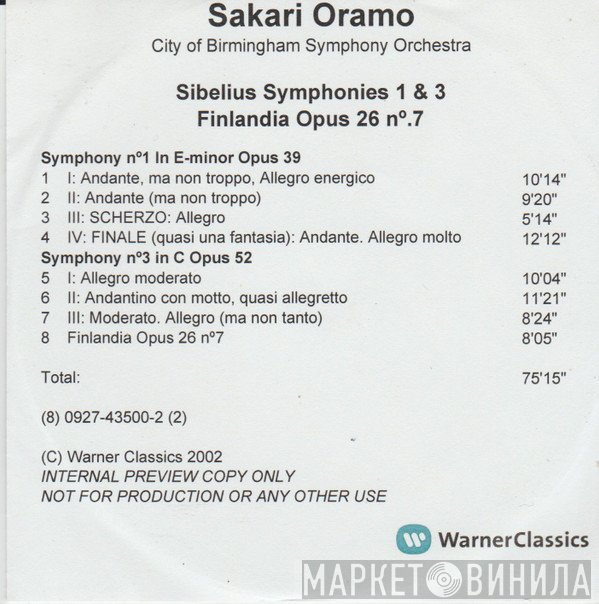 City Of Birmingham Symphony Orchestra, Jean Sibelius, Sakari Oramo - Symphonies Nos. 1 & 3